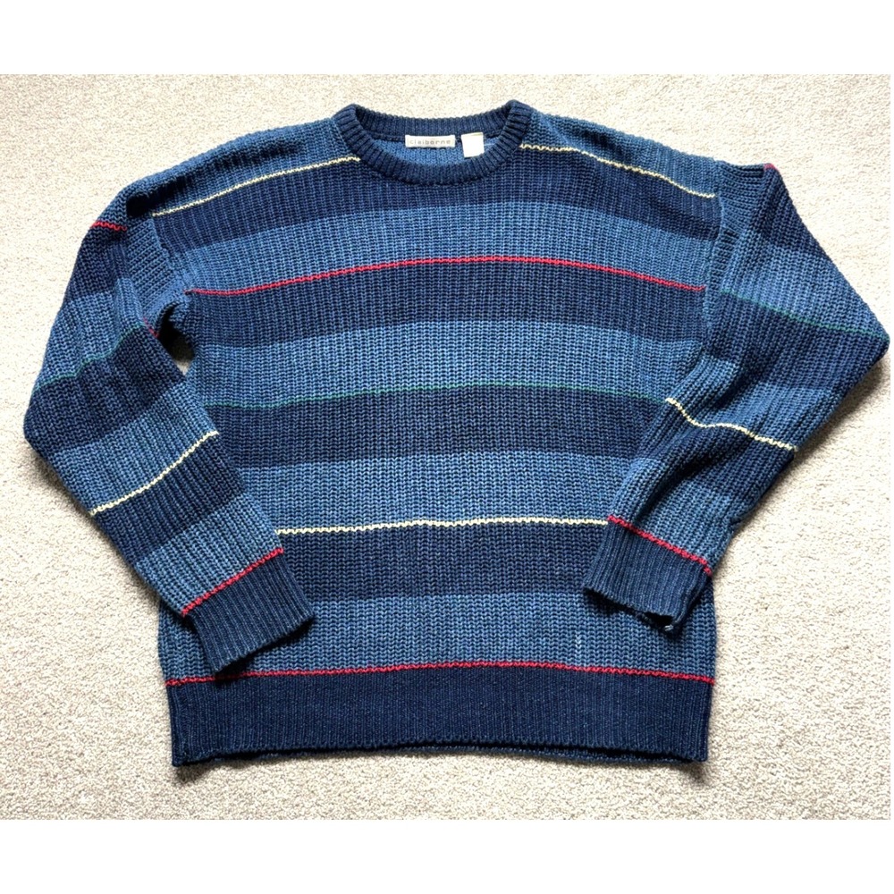 Claiborne Vintage Mens Blue Striped Knit Sweater‎ Size L Linen Cotton Blend